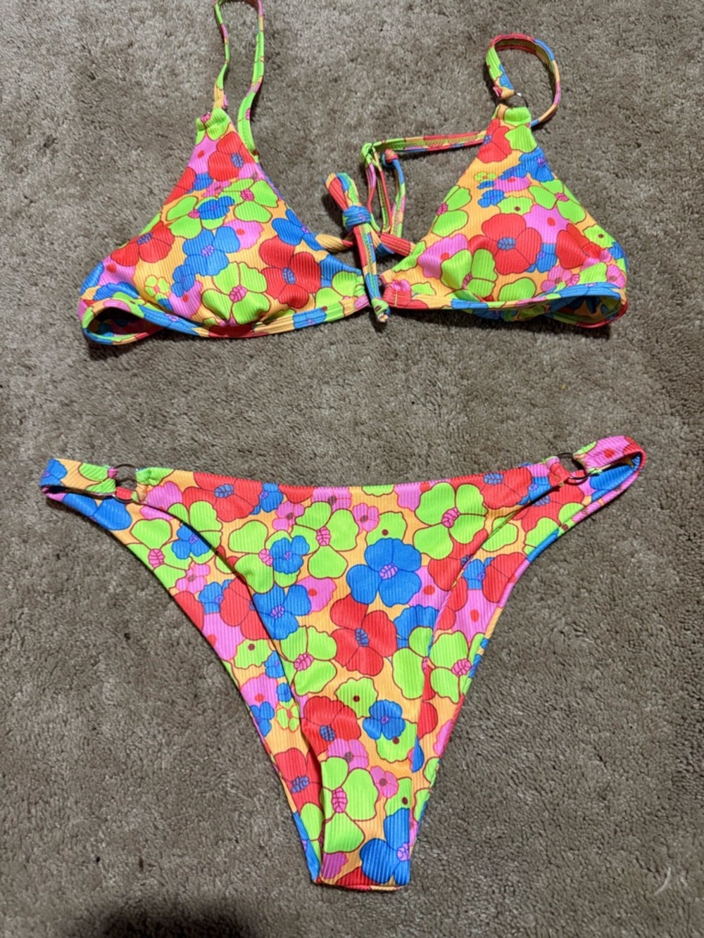 Girls Neon Floral Triangle Bikini - Multi-Color